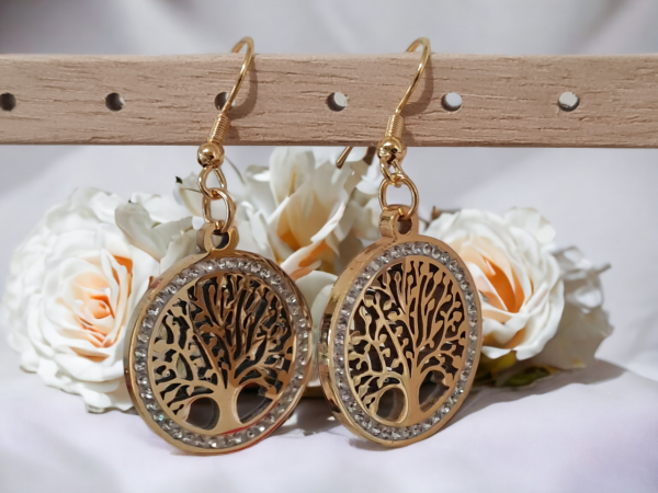 Boucles oreilles arbre de vie argentée strass